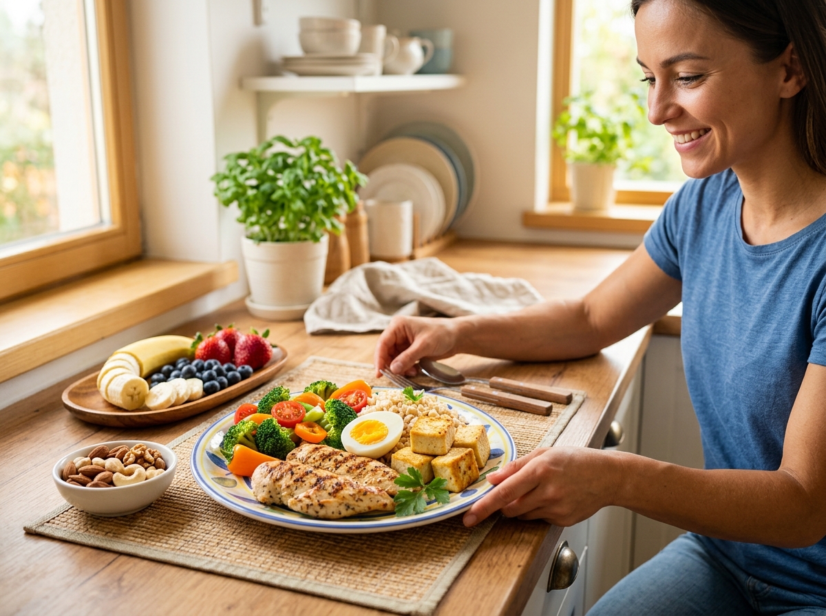 A visually appealing kitchen scene showcasing a colorful and nutritious meal for children, featuring