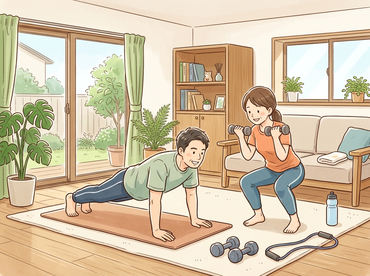 Professional illustration for article section about: 自宅筋トレのメリットと注意点. 日本人が理解しやすい自然で親しみやすい画像。写真のようなリアル