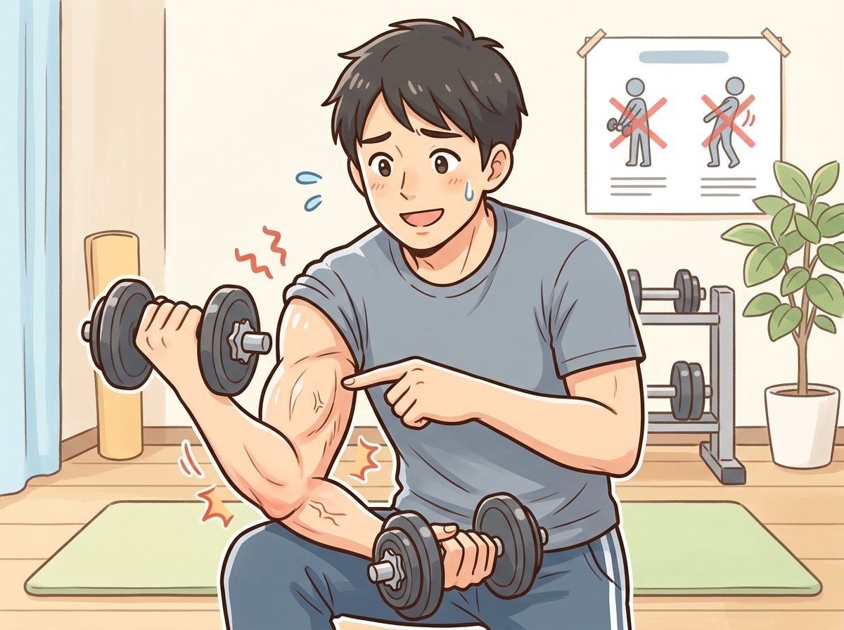 Professional illustration for article section about: 上腕二頭筋を鍛える際の注意点. 日本人が理解しやすい自然で親しみやすい画像。写真のようなリアル