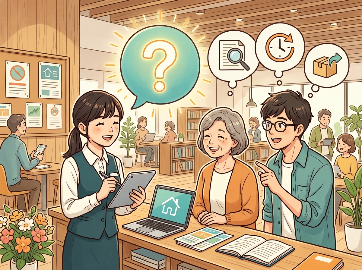 Professional illustration for article section about: よくある質問（FAQ）. 日本人が理解しやすい自然で親しみやすい画像。写真のようなリアルさでは