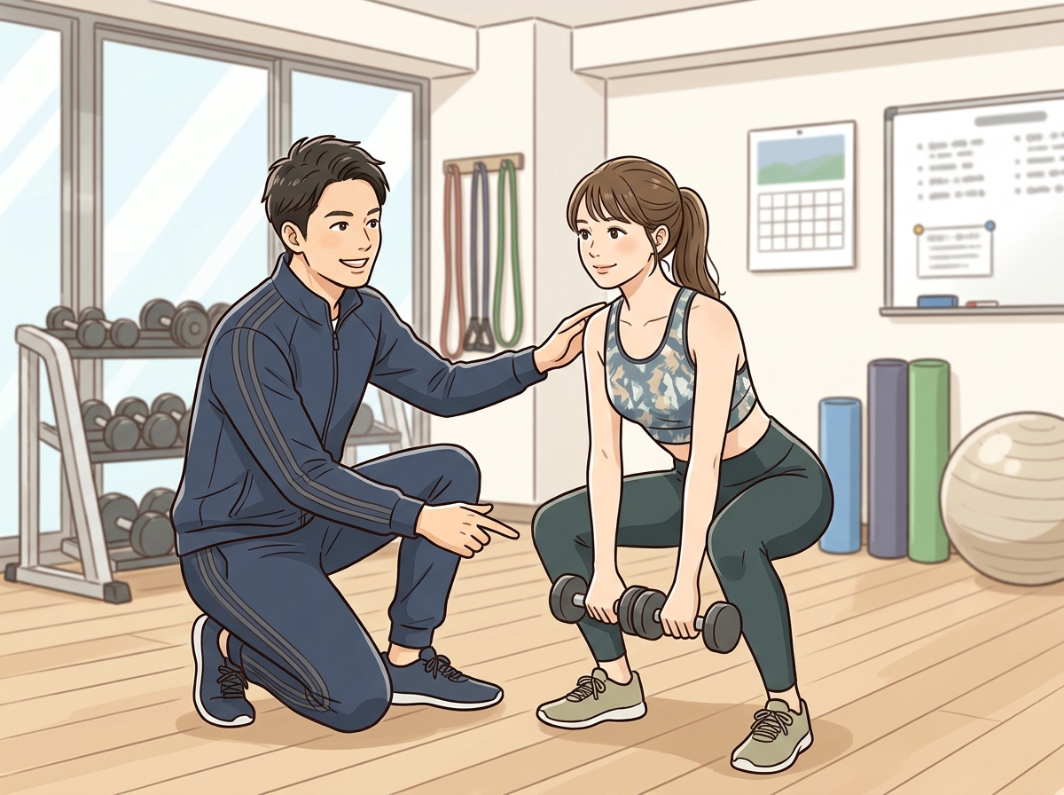 Professional illustration for article section about: プロのトレーナーが教える効果的な筋トレ法. 日本人が理解しやすい自然で親しみやすい画像。写真の