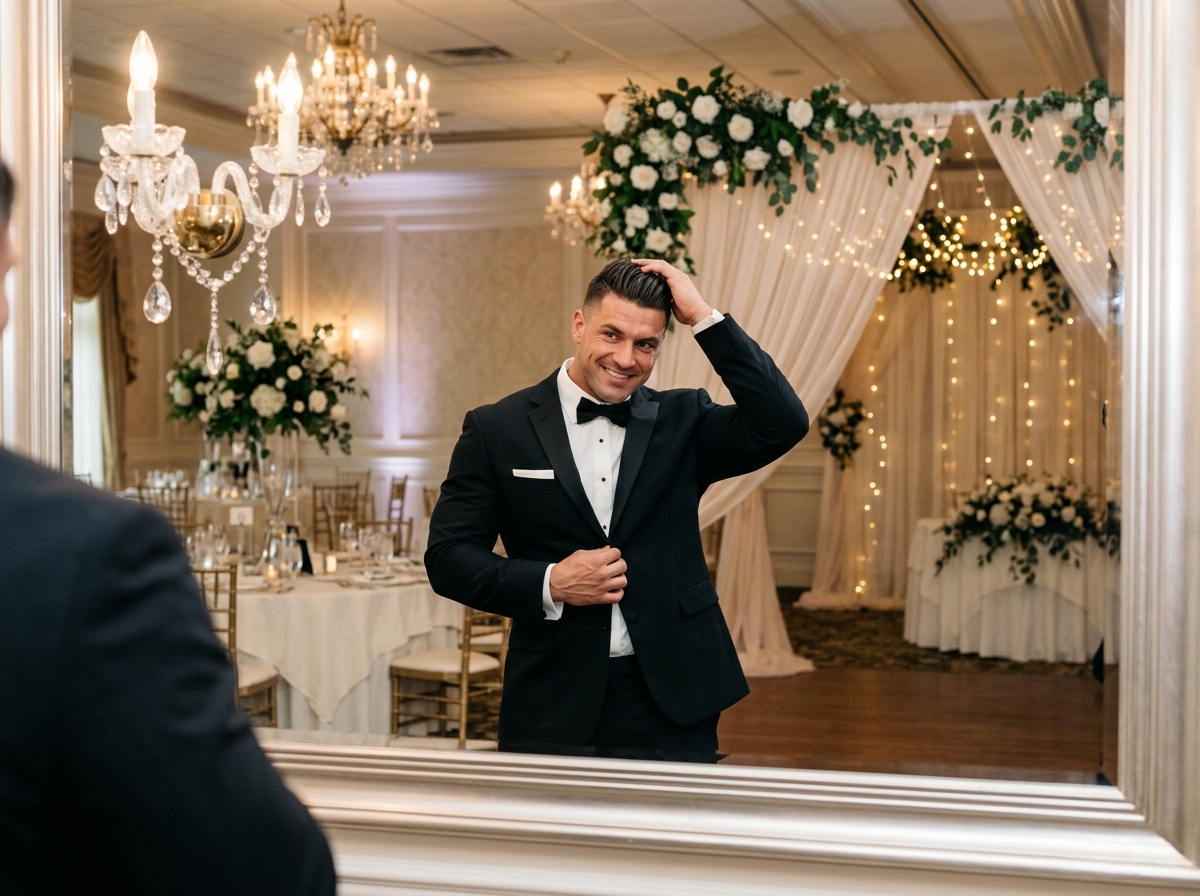 A muscular man in a stylish tuxedo, confidently posing in front of a mirror, showcasing an impressiv