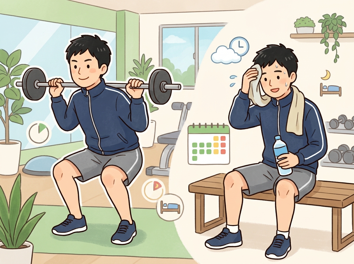 Professional illustration for article section about: 筋トレの適切な頻度とは？. 日本人が理解しやすい自然で親しみやすい画像。写真のようなリアルさで
