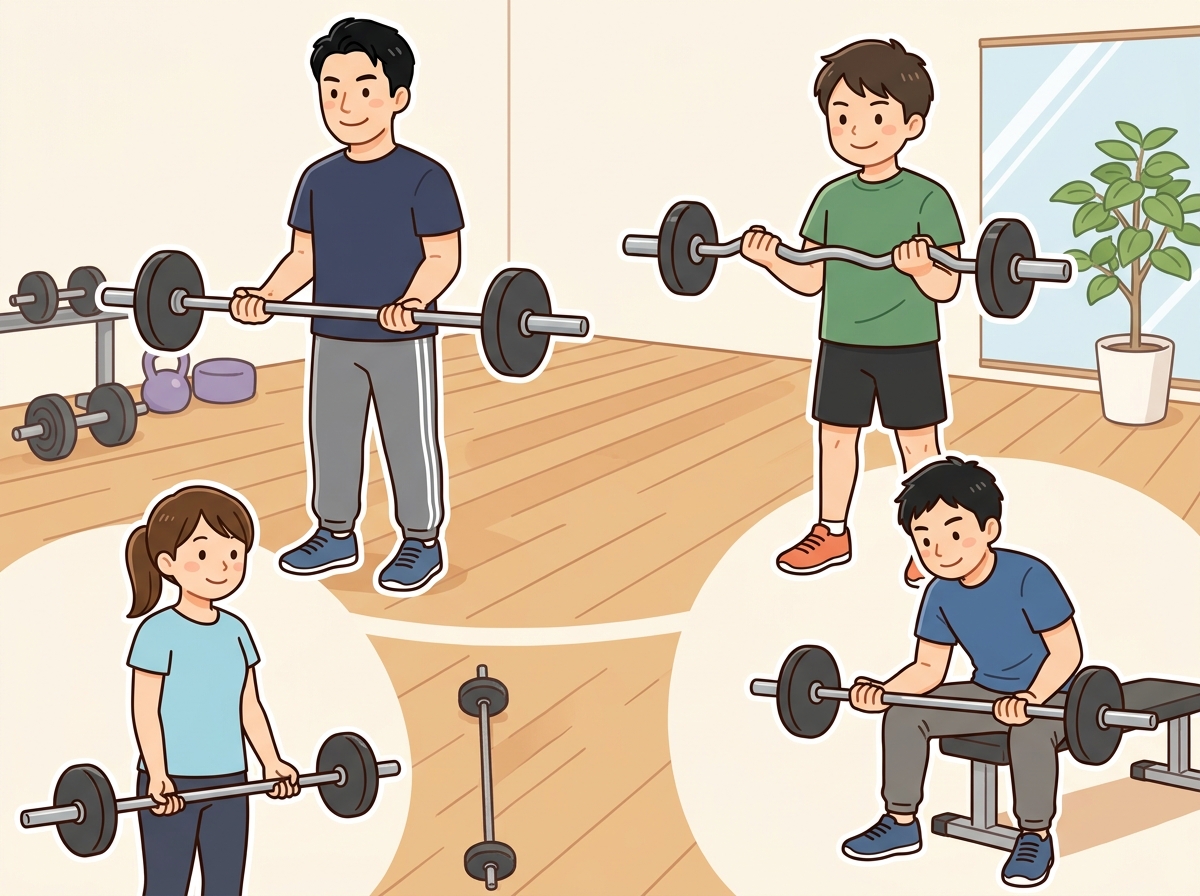 Professional illustration for article section about: バーベルカールの種類とバリエーション. 日本人が理解しやすい自然で親しみやすい画像。写真のよう