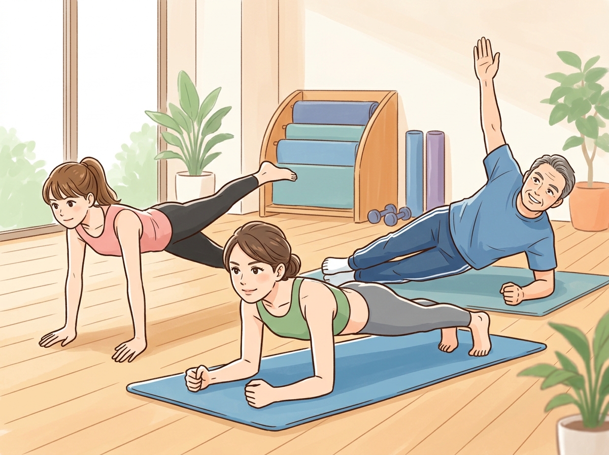 Professional illustration for article section about: プランクのバリエーションと効果. 日本人が理解しやすい自然で親しみやすい画像。写真のようなリア