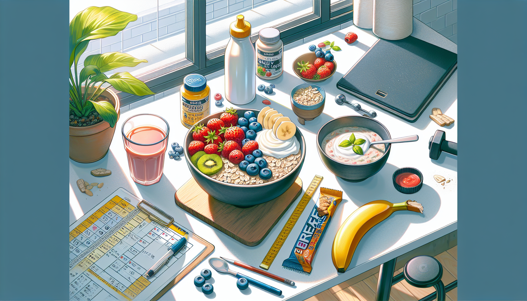 An illustration of a balanced meal prepared for a workout day, featuring a bowl of oatmeal topped wi
