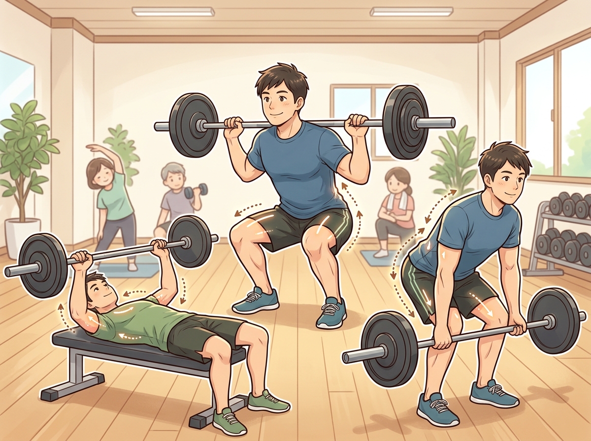 Professional illustration for article section about: コンパウンド種目とは？基本的な解説. 日本人が理解しやすい自然で親しみやすい画像。写真のような