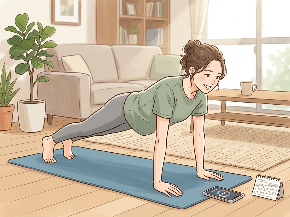 Professional illustration for article section about: プランクを行う時間と頻度の目安. 日本人が理解しやすい自然で親しみやすい画像。写真のようなリア