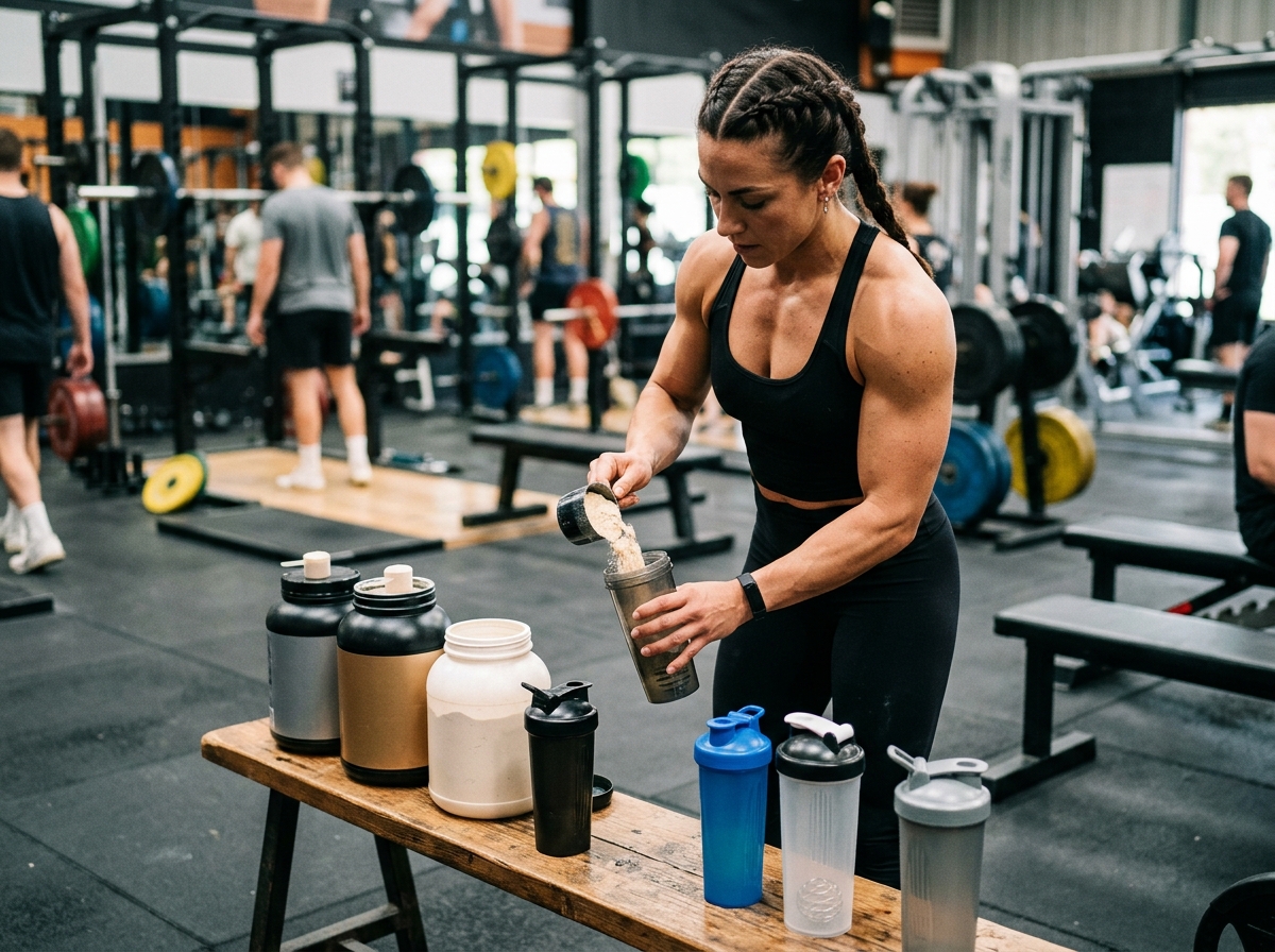 A muscular man or woman in a gym, surrounded by various protein powders and an assortment of protein