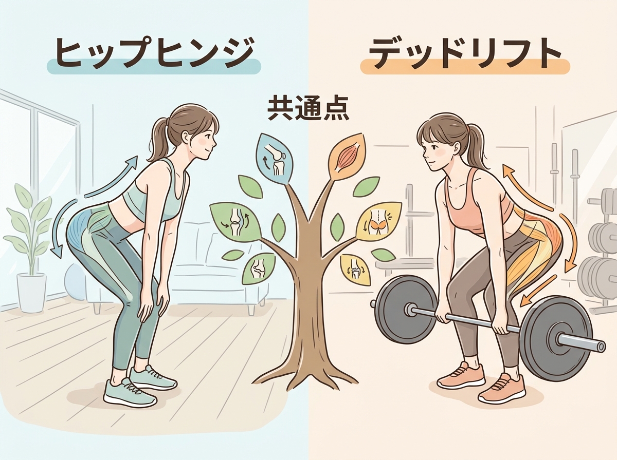 Professional illustration for article section about: ヒップヒンジとデッドリフトの違いと共通点. 日本人が理解しやすい自然で親しみやすい画像。写真の