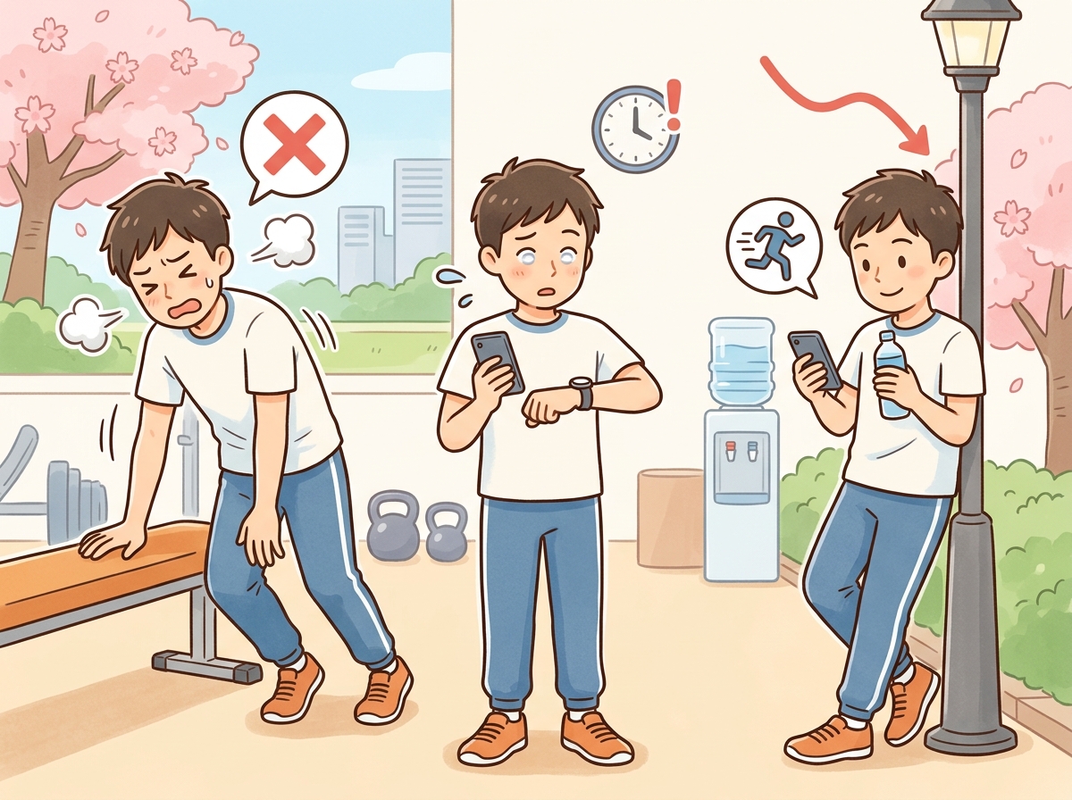 Professional illustration for article section about: インターバルで避けるべき過ち. 日本人が理解しやすい自然で親しみやすい画像。写真のようなリアル