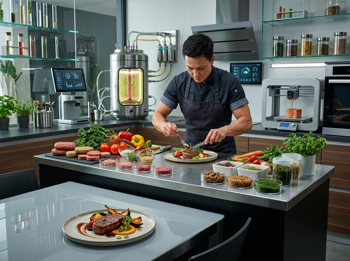 A modern kitchen with futuristic food technology devices, showcasing lab-grown meat on a sleek dinin