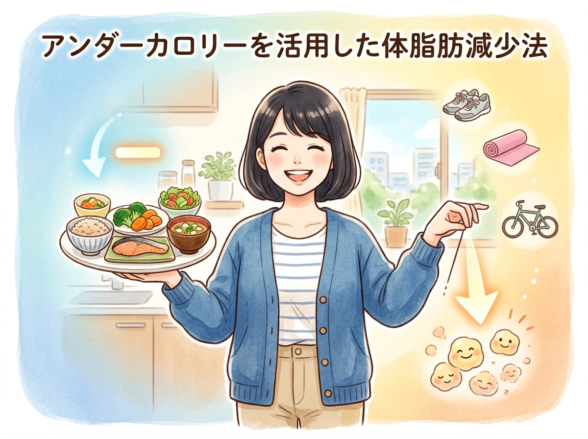 Professional illustration for article section about: アンダーカロリーを活用した体脂肪減少法. 日本人が理解しやすい自然で親しみやすい画像。写真のよ