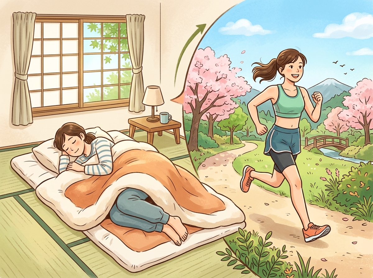 Professional illustration for article section about: 休息と超回復の重要性. 日本人が理解しやすい自然で親しみやすい画像。写真のようなリアルさではな