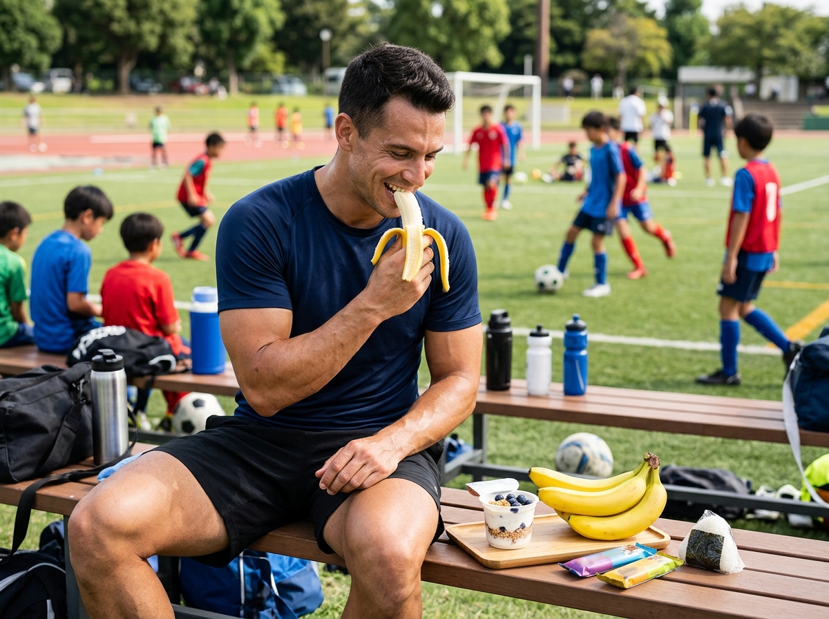 A vibrant, realistic photo of a muscular athlete enjoying healthy snacks like bananas, yogurt, prote