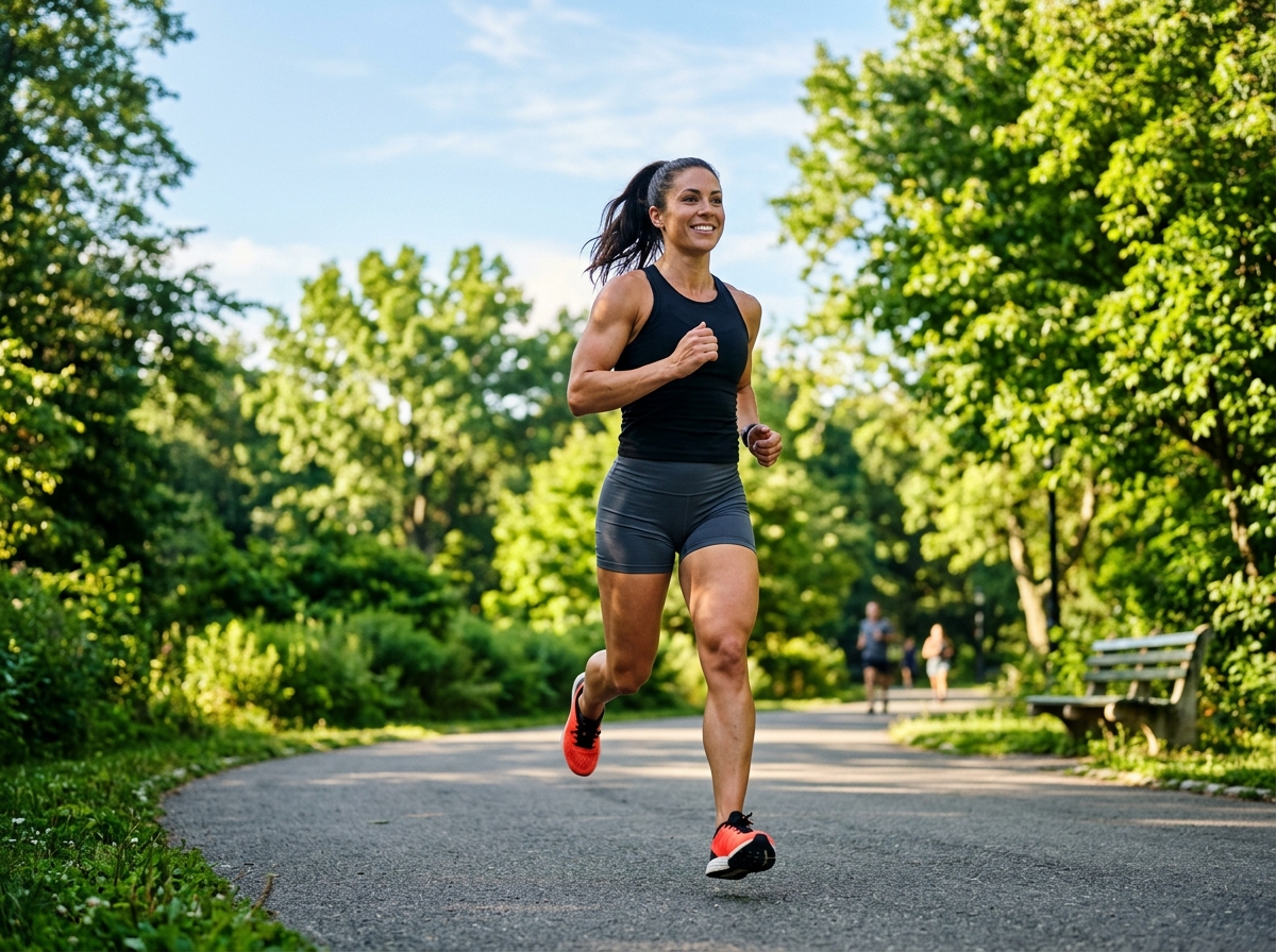 A muscular man or woman, engaging in a morning workout routine outdoors, showcasing determination an