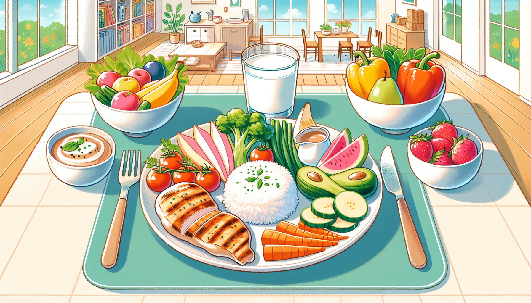 An illustration of a balanced meal plate featuring a variety of colorful food groups: a bowl of rice