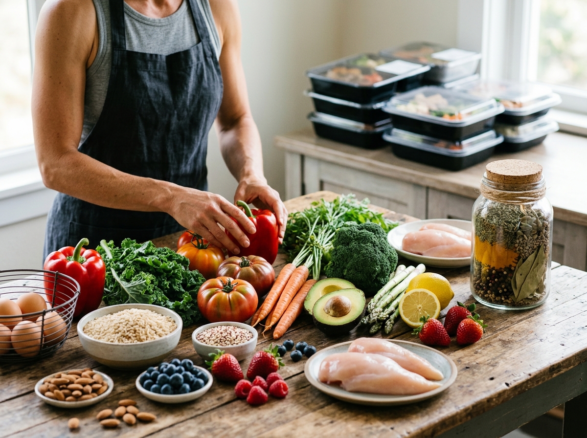 A visually striking composition featuring a variety of colorful, fresh ingredients like vegetables, 