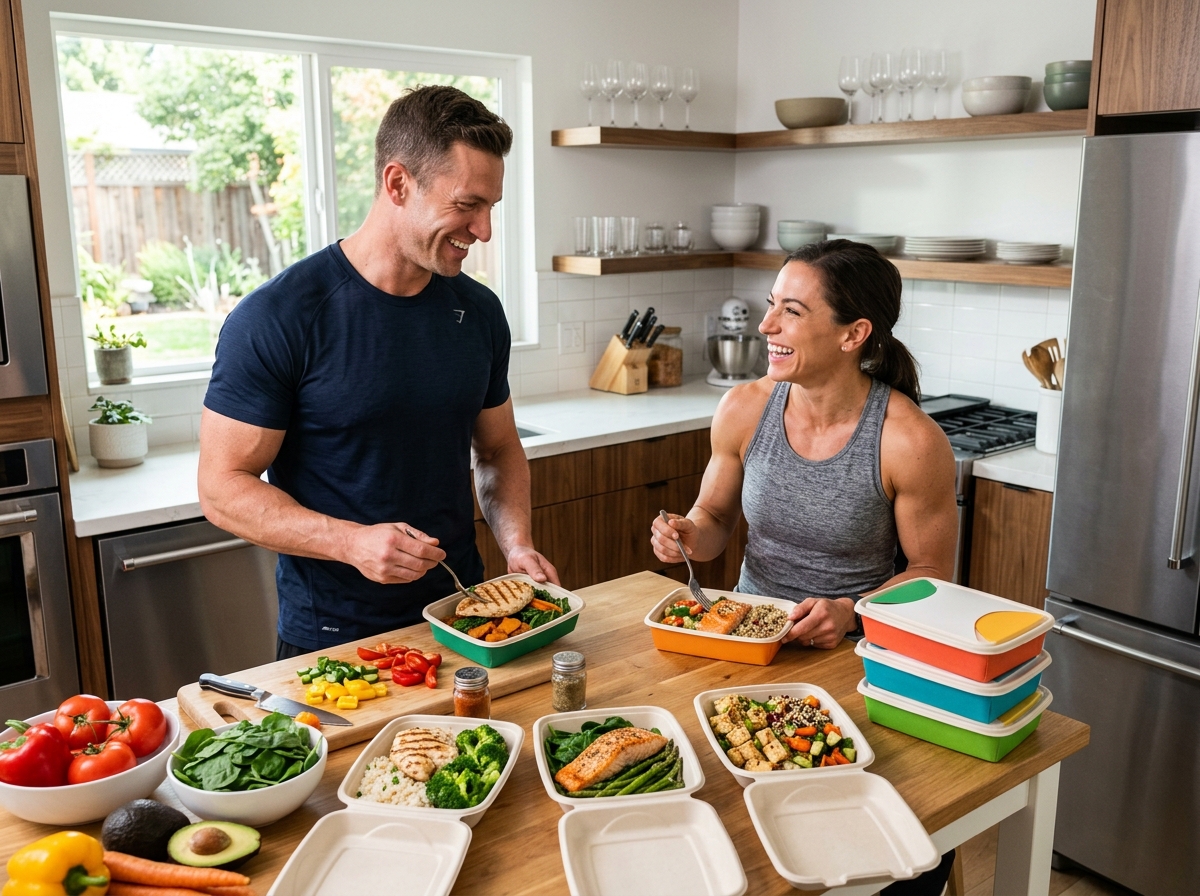 A muscular man and a muscular woman in a well-lit kitchen, preparing and consuming colorful, high-pr