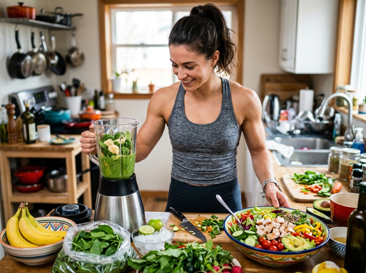 A bustling kitchen scene featuring a muscular person preparing a vibrant green smoothie with fresh i