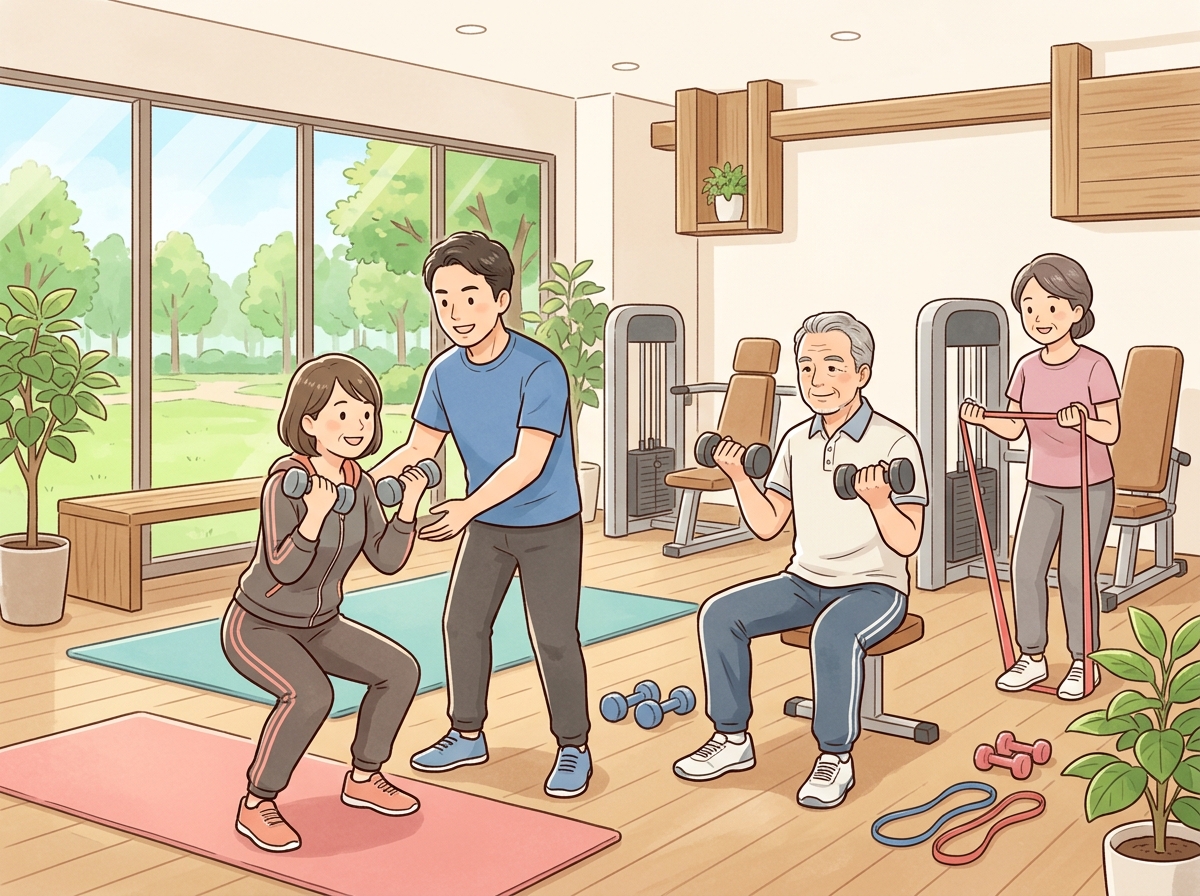 Professional illustration for article section about: 40代50代から始める筋トレの意義. 日本人が理解しやすい自然で親しみやすい画像。写真のような