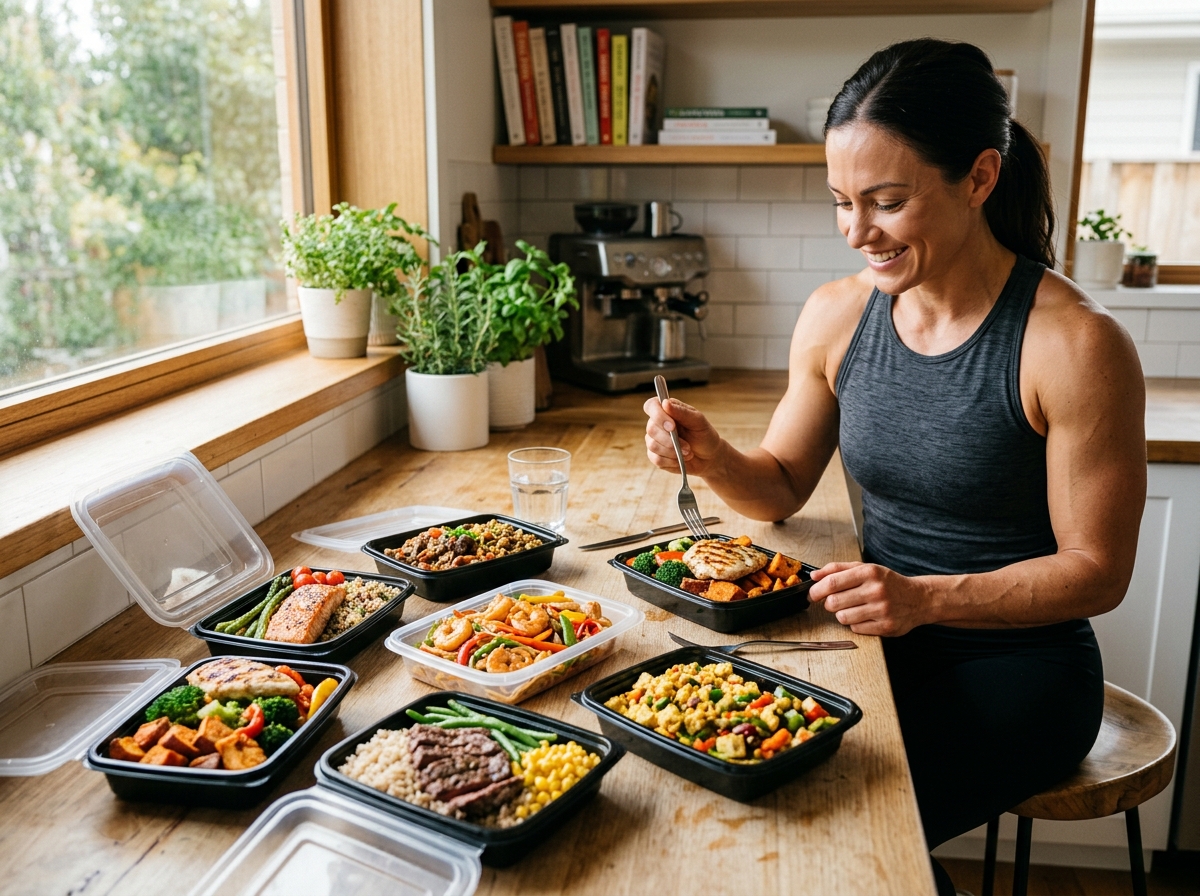 A stylish kitchen countertop with a variety of attractive, high-protein meal boxes arranged, showcas