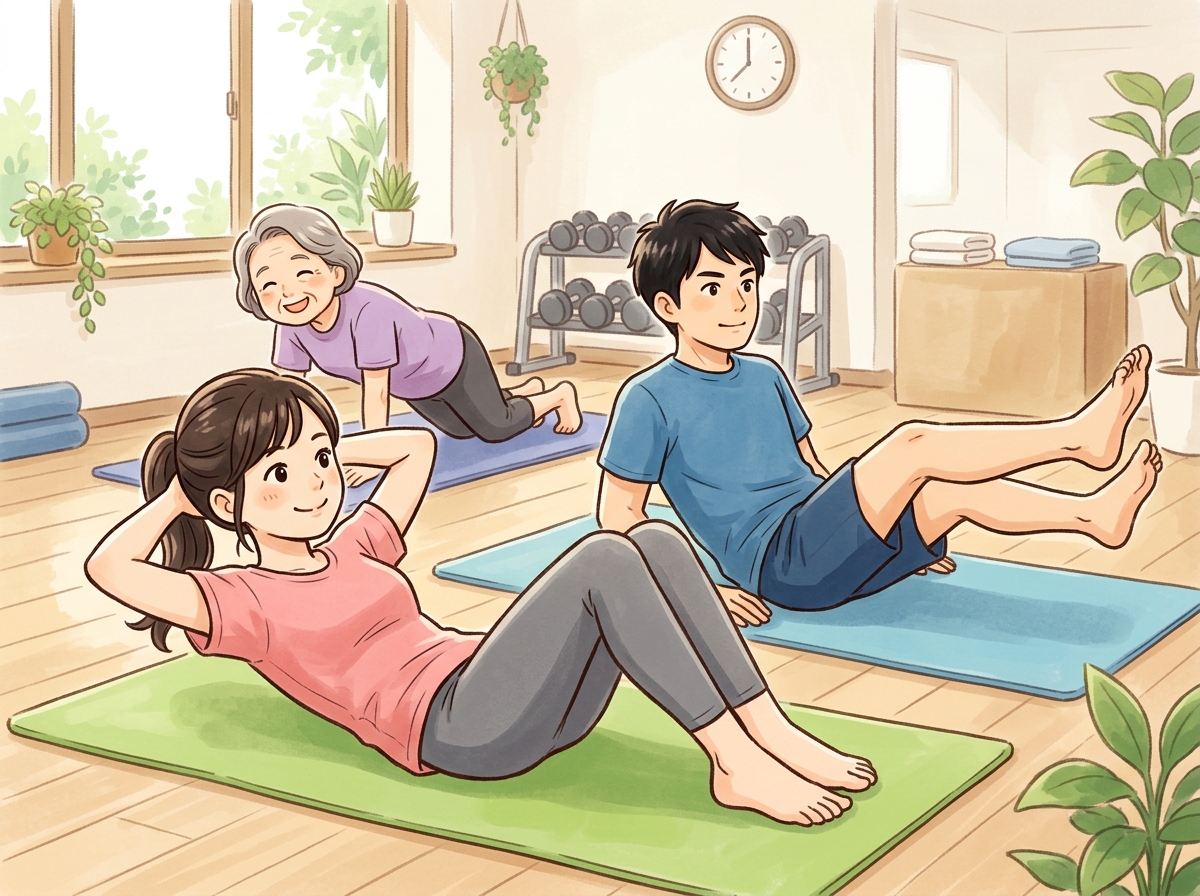 Professional illustration for article section about: 初心者におすすめの腹筋エクササイズ. 日本人が理解しやすい自然で親しみやすい画像。写真のような
