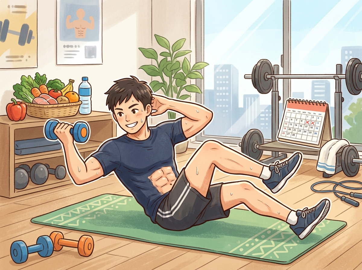 Professional illustration for article section about: 腹筋を割るための基本原則. 日本人が理解しやすい自然で親しみやすい画像。写真のようなリアルさで