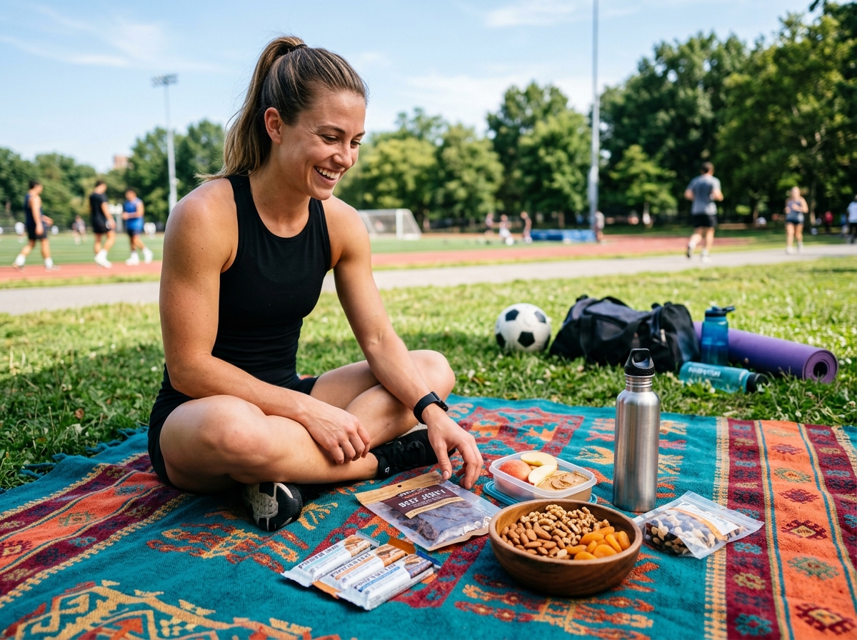 An image of a well-organized picnic spread featuring high-protein snacks like protein bars and beef 
