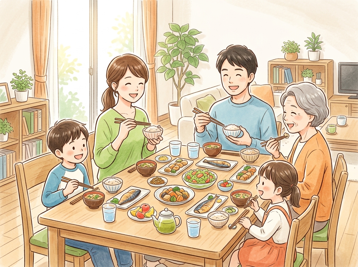 Professional illustration for article section about: 食事習慣を改善するためのコツ. 日本人が理解しやすい自然で親しみやすい画像。写真のようなリアル