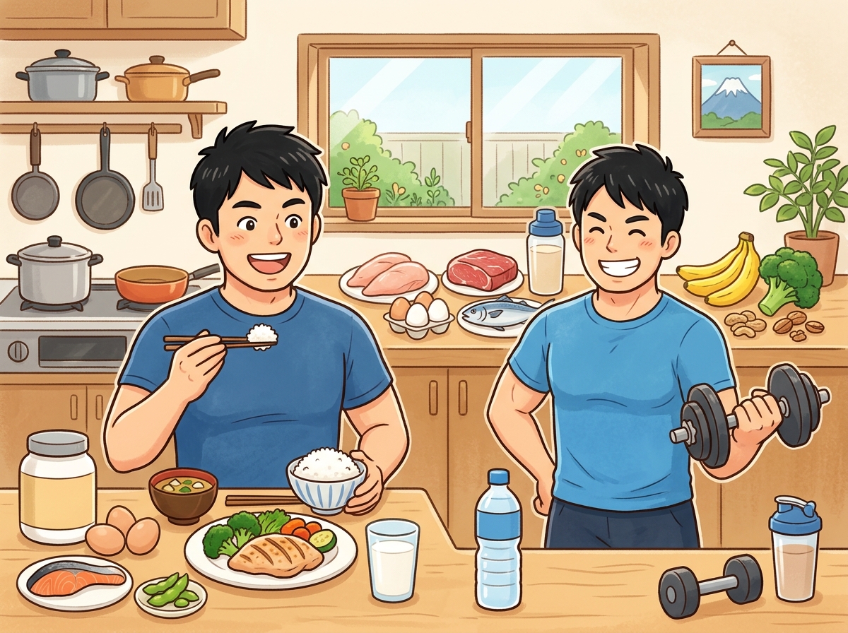 Professional illustration for article section about: 筋肥大をサポートする栄養戦略. 日本人が理解しやすい自然で親しみやすい画像。写真のようなリアル