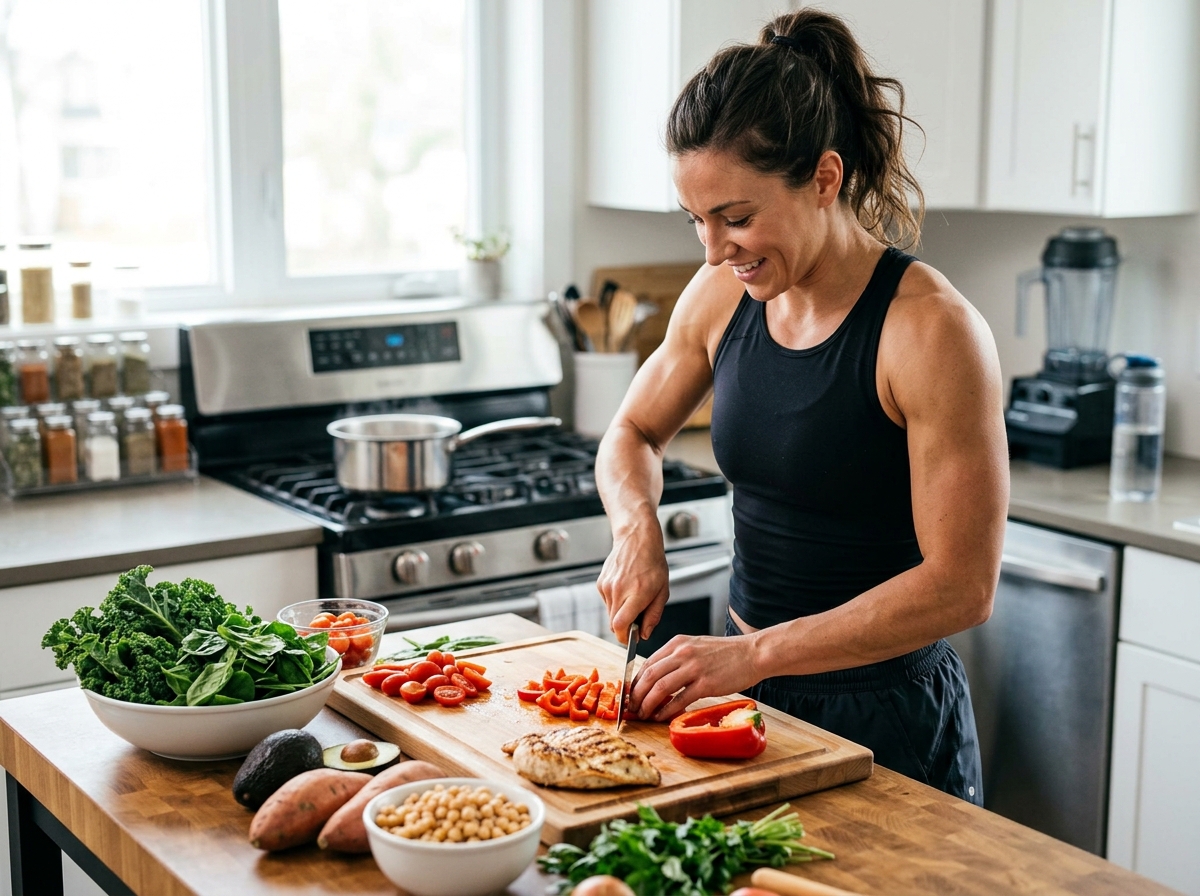 A fit male or female athlete in a well-lit kitchen, preparing a healthy meal, showcasing vibrant veg