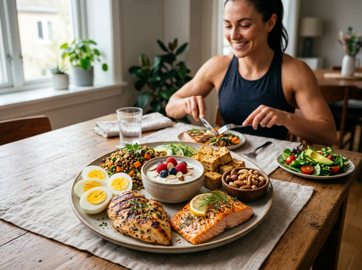 A realistic photo of a healthy meal featuring a variety of high-protein foods such as boiled eggs, g