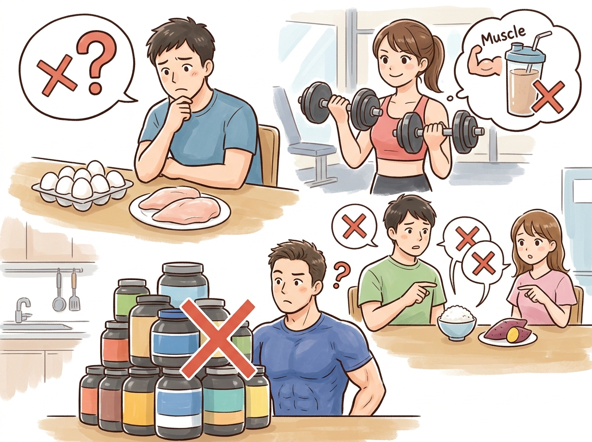 Professional illustration for article section about: 筋トレ時のよくある食事の誤解. 日本人が理解しやすい自然で親しみやすい画像。写真のようなリアル