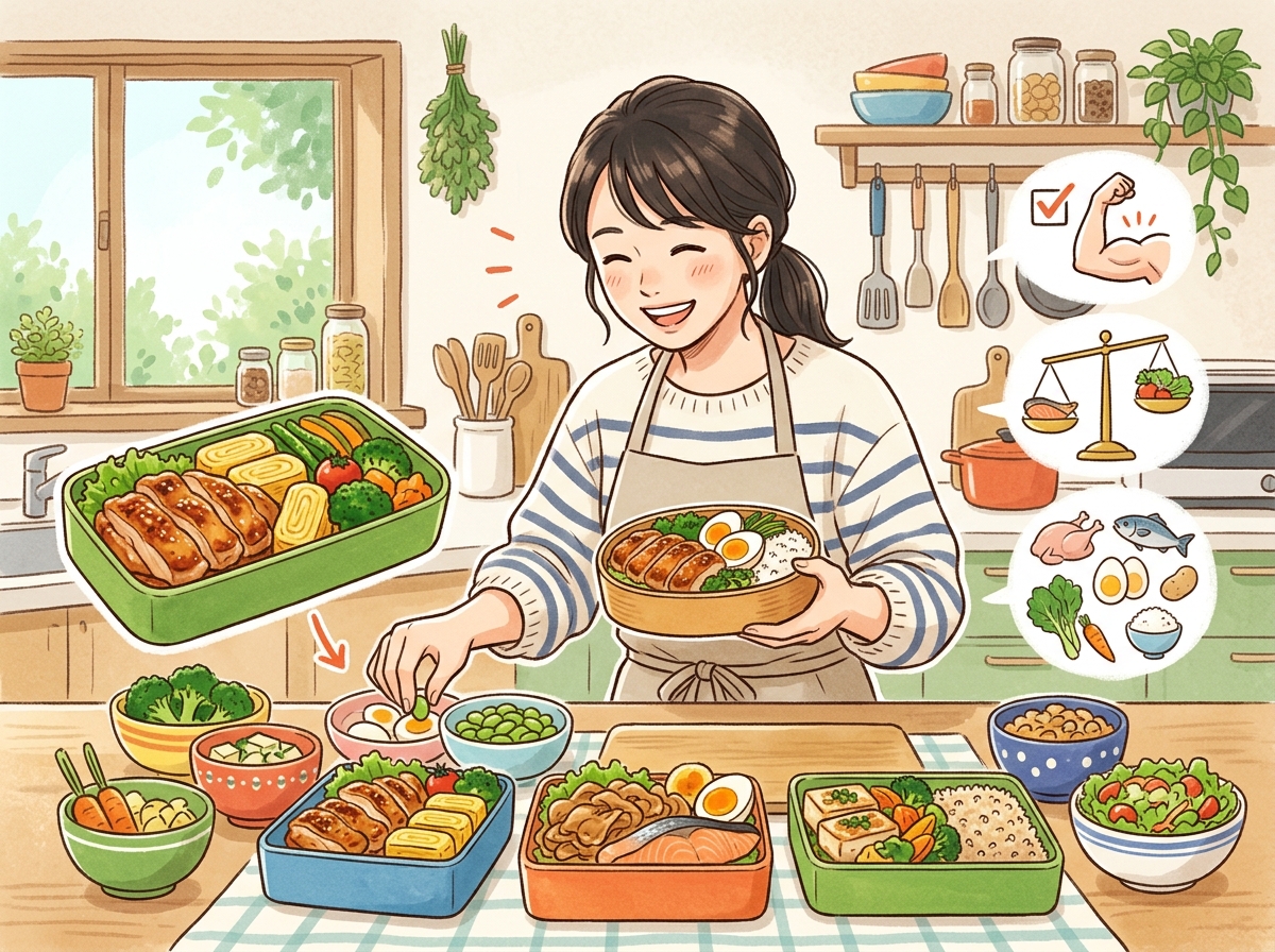 Professional illustration for article section about: 高タンパク弁当の選び方とポイント. 日本人が理解しやすい自然で親しみやすい画像。写真のようなリ
