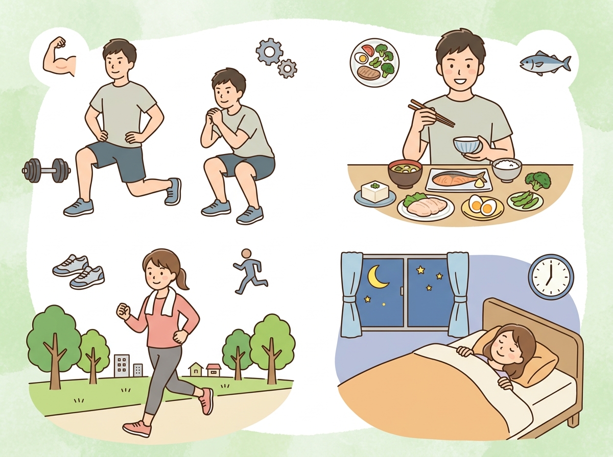 Professional illustration for article section about: 痩せながら筋肉を増やすための基本原則. 日本人が理解しやすい自然で親しみやすい画像。写真のよう