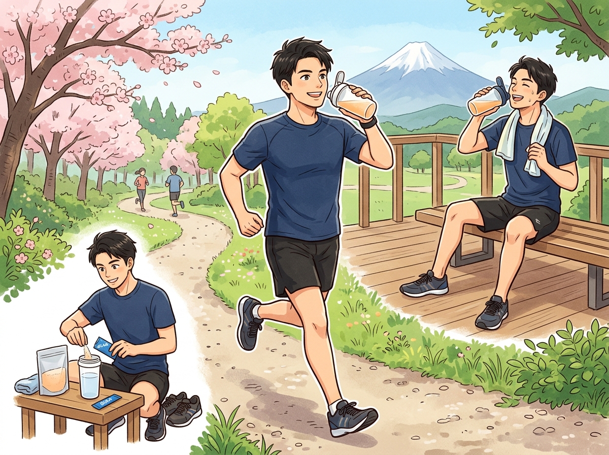 Professional illustration for article section about: アスリートにおすすめのBCAA飲み方. 日本人が理解しやすい自然で親しみやすい画像。写真のよう