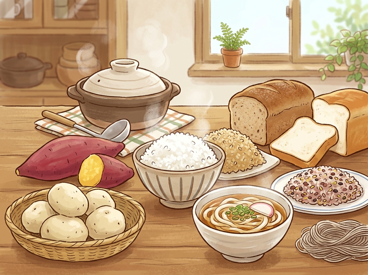 Professional illustration for article section about: 炭水化物を含むおすすめの食材. 日本人が理解しやすい自然で親しみやすい画像。写真のようなリアル