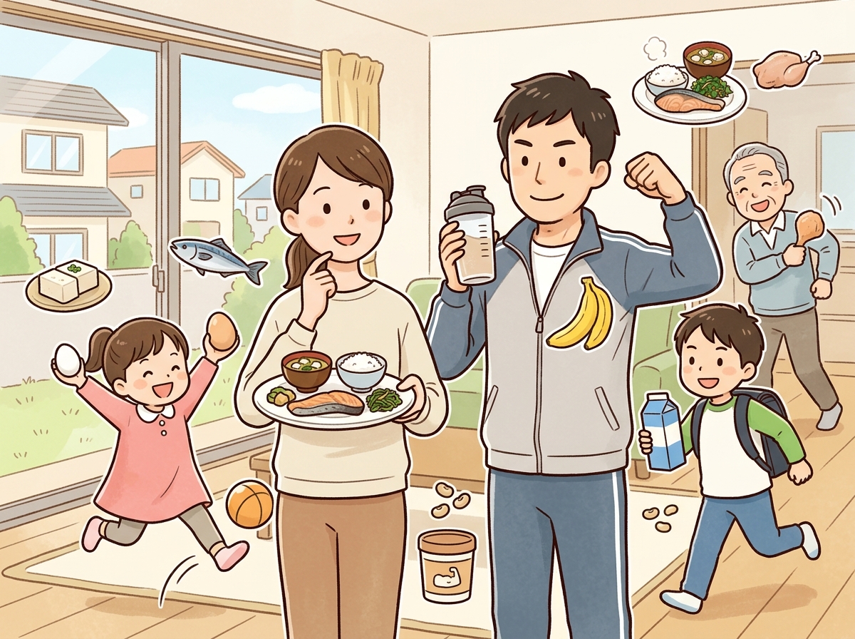 Professional illustration for article section about: プロテインの1日必要量とは？. 日本人が理解しやすい自然で親しみやすい画像。写真のようなリアル