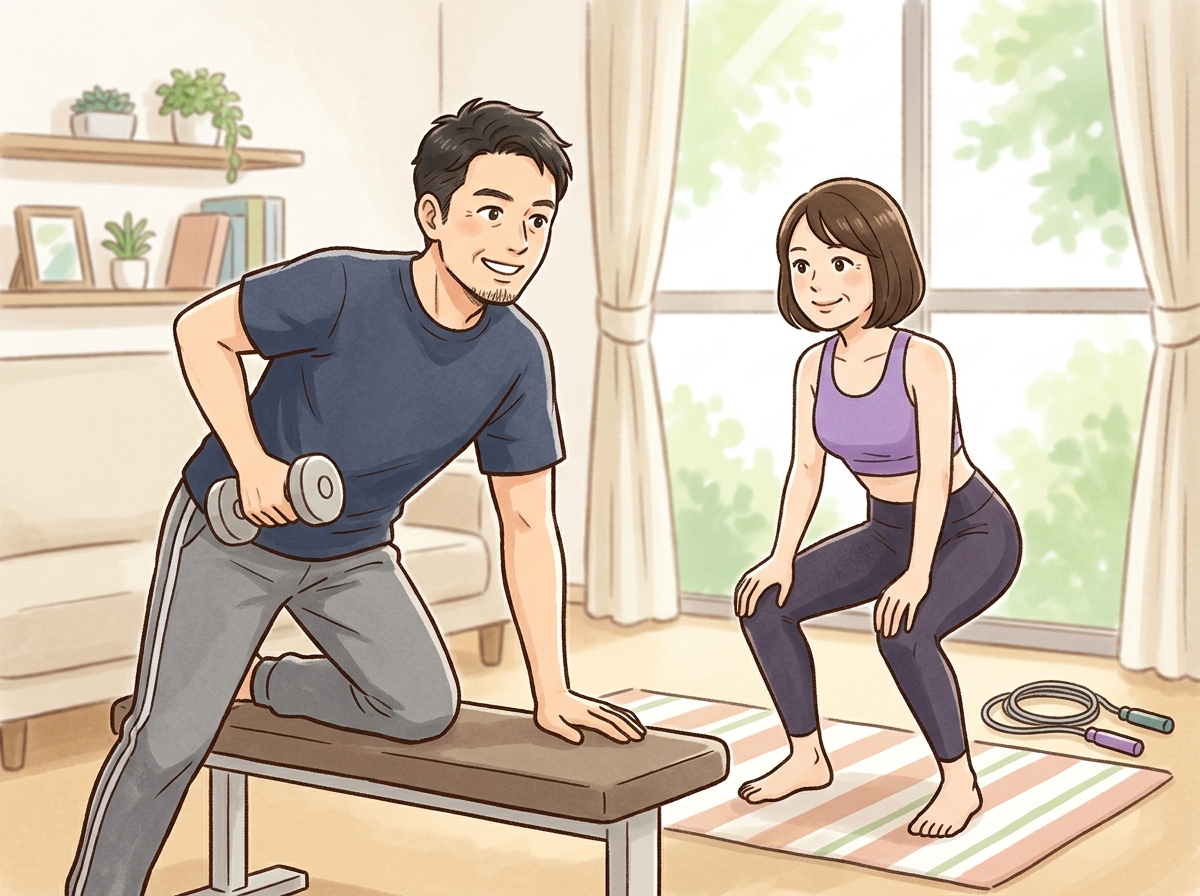 Professional illustration for article section about: 体脂肪を減らす筋トレの基本. 日本人が理解しやすい自然で親しみやすい画像。写真のようなリアルさ
