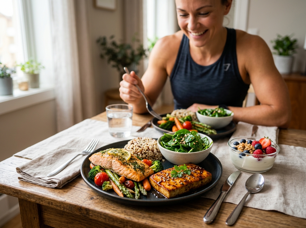 A realistic photo of a nutritious dinner setting featuring a beautifully plated salmon dish with veg