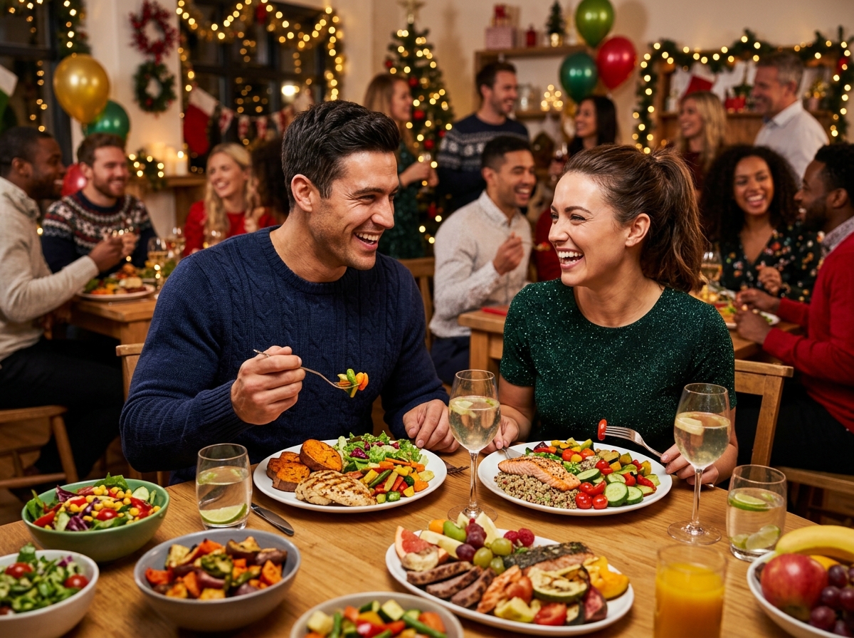 A lively year-end party scene showcasing a fit male and female enjoying a balanced meal, surrounded 