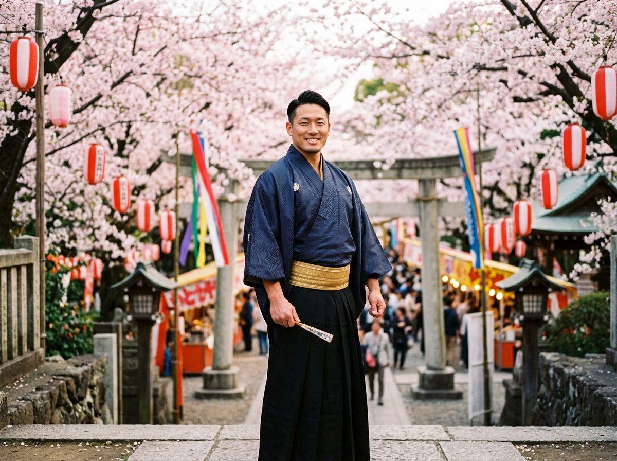 A muscular person in a traditional kimono, striking a confident pose, with a beautiful backdrop of c