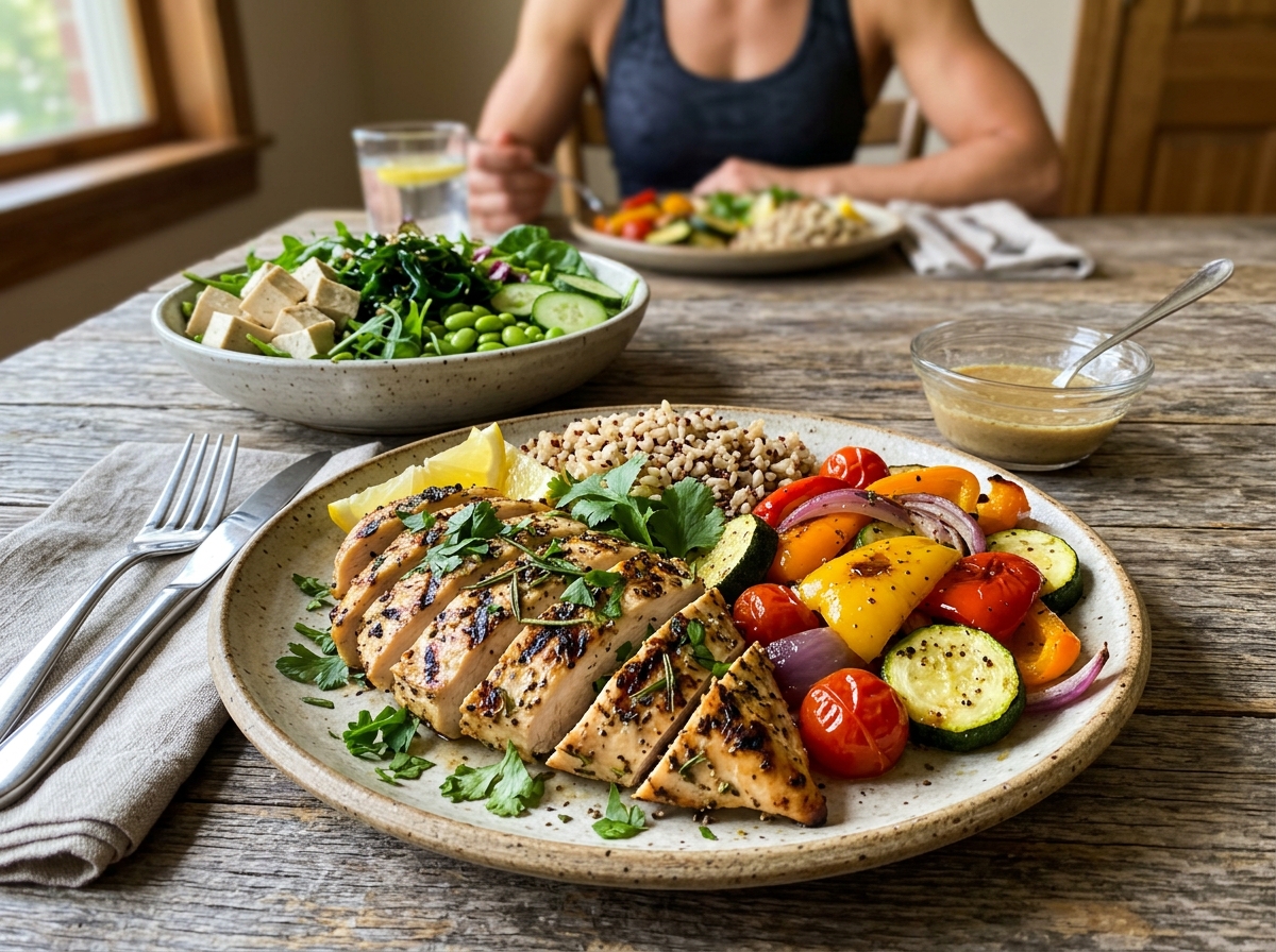 A colorful and appetizing plate featuring grilled chicken breast, fresh herbs, and vibrant vegetable