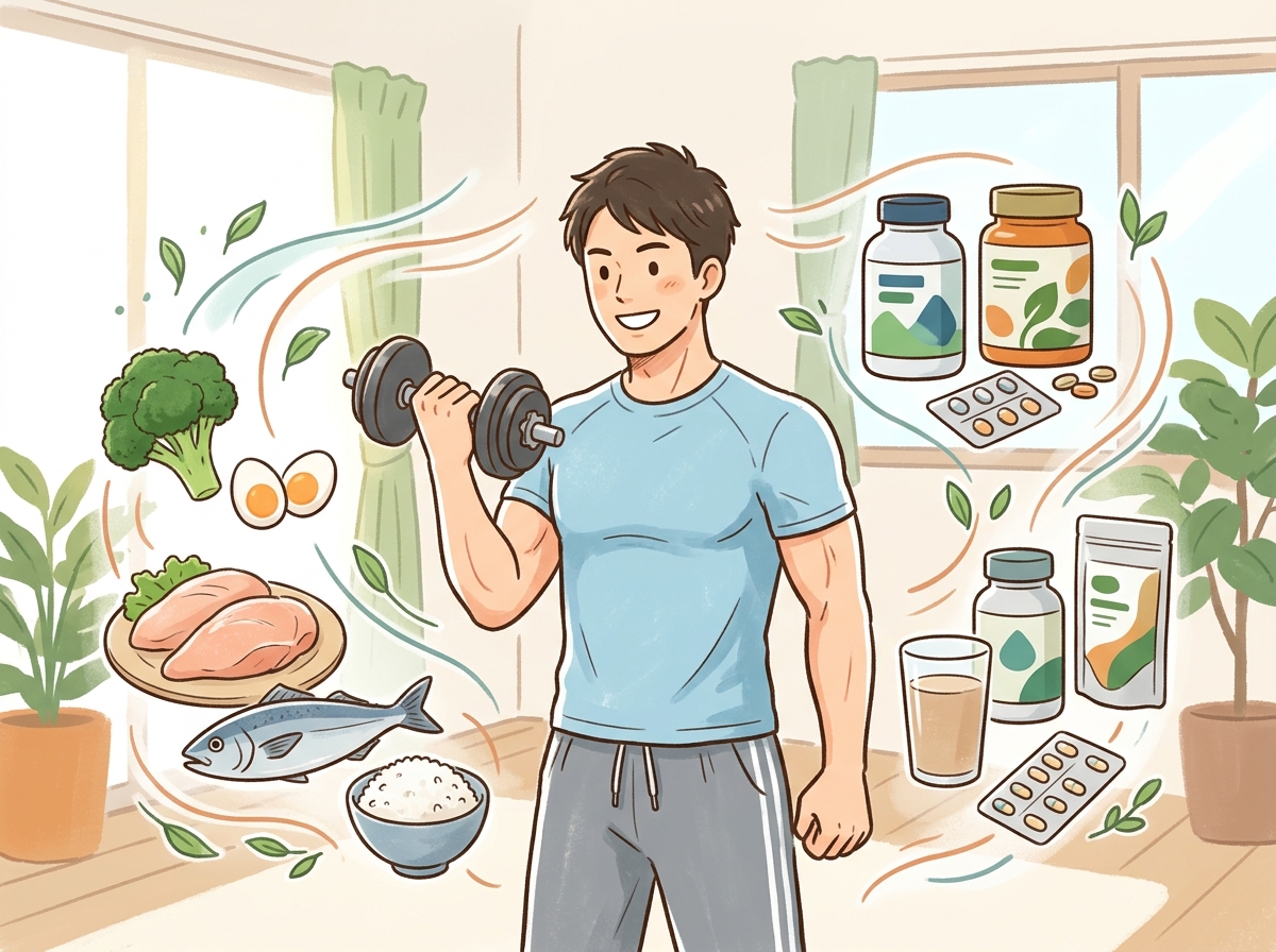 Professional illustration for article section about: 栄養とサプリメントで筋肉をサポート. 日本人が理解しやすい自然で親しみやすい画像。写真のような