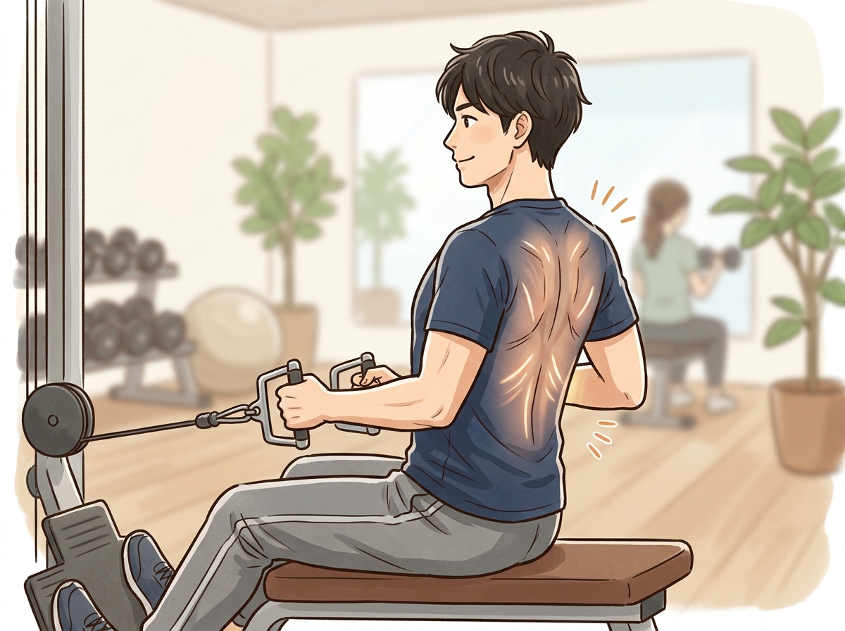 Professional illustration for article section about: 背中の筋トレを効果的にするためのポイント. 日本人が理解しやすい自然で親しみやすい画像。写真の