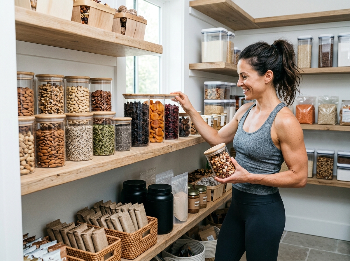 A realistic photograph of a well-organized kitchen pantry filled with high-protein foods like protei