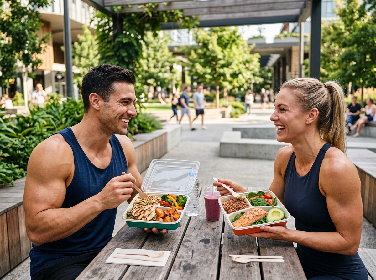 A visually striking image of a muscular male and female enjoying colorful, healthy meal boxes outdoo