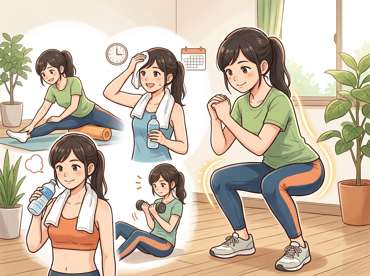 Professional illustration for article section about: 女性が筋トレで注意すべきポイント. 日本人が理解しやすい自然で親しみやすい画像。写真のようなリ