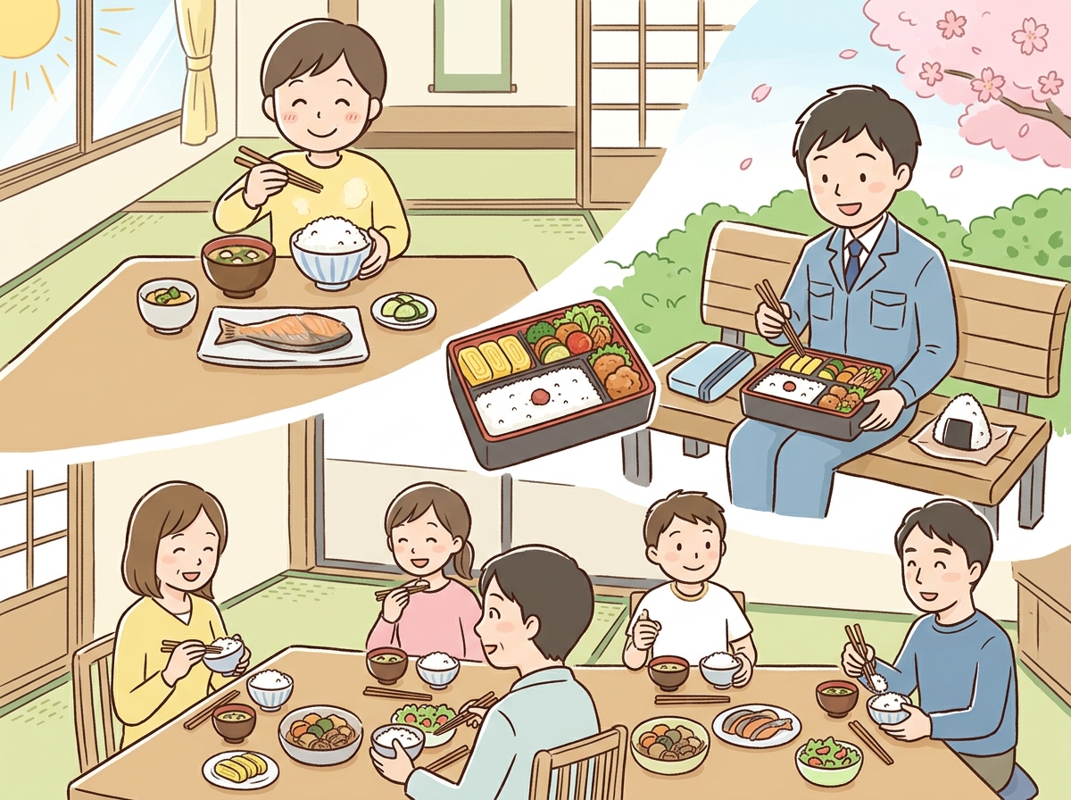 Professional illustration for article section about: 炭水化物の摂取タイミングと量. 日本人が理解しやすい自然で親しみやすい画像。写真のようなリアル